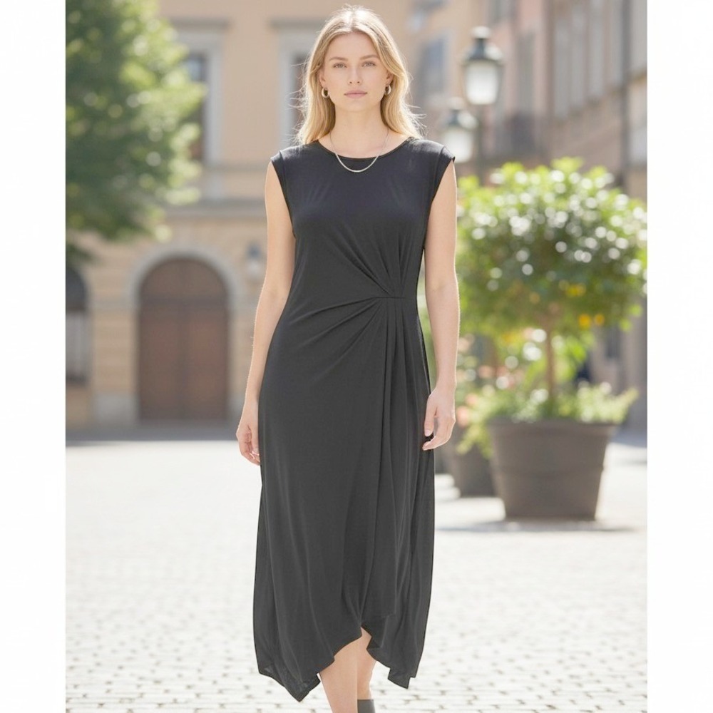 GRACE Classy Little Black Dress Lrg Sleeveless Ruched Midi Capsule Chic Timeless